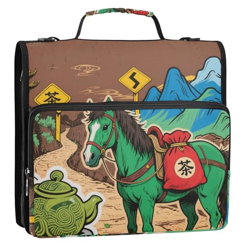 Chinesisches Artoon Green Horse Mountain Brown 3,8 cm 3 Ringe Reißverschluss Organizer mit Griff Wasserdicht Dokumentenmappe Organizer für Mittelschule von siphylline