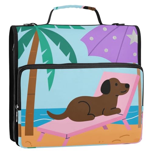 Dokumenten-Organizer mit 3 Ringen, Cartoon-Motiv, brauner Hund am Strand, 3,8 cm, mit Schultergurt und Griff, mehrere Taschen, Dokumenten-Organizer, Tasche für Büro, Schule Dokumenten-Organizer mit 3 Ringen, Cartoon-Motiv, brauner Hund am Strand, 3,8 cm, mit Schultergurt und Griff, mehrere Taschen, Dokumenten-Organizer, Tasche für Büro, Schule von siphylline