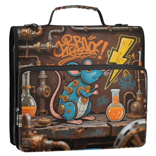 Dokumentenmappe im Industrie-Stil, Tierpfeife, Cartoon, Braun, 3 Ringe, 3,8 cm, Reißverschluss, Organizer mit Schultergurt, mehrere Taschen, Reißverschluss-Portfolio für Schule und Büro von siphylline