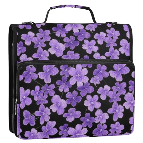 Dokumentenmappe mit 3 Ringen und Reißverschluss, mit Griff, mehrere Fächer, für die Mittelschule, minimalistischer Stil, kleine violette Blumen, Schwarz von siphylline