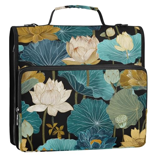 Eleganter Wasserlilien-Retro-Ordner mit 3 Ringen, Reißverschluss, mit Griff und abnehmbarem Schultergurt, mehrere Taschen, Schulbedarf, Organizer, geeignet für Mittelschule, Blau, 3,8 cm von siphylline
