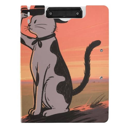 Faltbare Klemmbretter Sonnenuntergang Prärie Katze Cowboy A4 Klemmbrett mit Padfolio Doppelclips Stifthalter Büro Klemmbrett mit Abdeckung von siphylline