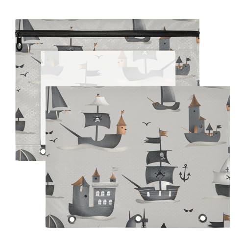 Federmäppchen, transparent, 3 Löcher, Tasche für 3 Ringe, 2 Stück, Lehrer, Kunstbedarf, Aufbewahrung, Piraten-Design, graues Design Federmäppchen, transparent, 3 Löcher, Tasche für 3 Ringe, 2 Stück, Lehrer, Kunstbedarf, Aufbewahrung, Piraten-Design, graues Design von siphylline