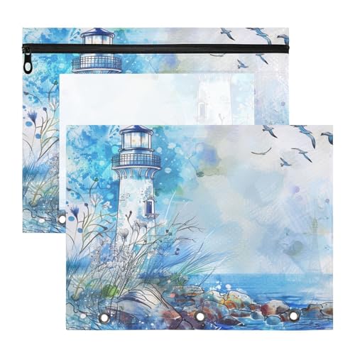 Federmäppchen mit 3 Löchern für 3 Ringe, 2 Stück, Schüler, Schulbedarf, Aquarell, Fauna, Leuchtturm, Blau Federmäppchen mit 3 Löchern für 3 Ringe, 2 Stück, Schüler, Schulbedarf, Aquarell, Fauna, Leuchtturm, Blau von siphylline