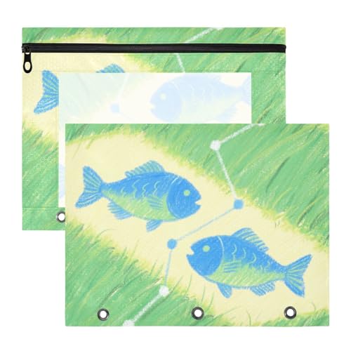 Federmäppchen mit 3 verstärkten Ösen, Kunststoff-Aktenordner für A4-Papier, Briefe, 2 Stück, Lehrer, Schulanfang, Fische, blau, grün, Zeichnung Federmäppchen mit 3 verstärkten Ösen, Kunststoff-Aktenordner für A4-Papier, Briefe, 2 Stück, Lehrer, Schulanfang, Fische, blau, grün, Zeichnung von siphylline
