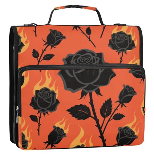 Fire Rose Organizer mit 3 Ringen, 3,8 cm, mit Riemen, inklusive Reißverschlusstasche, tragbares Portfolio, geeignet für Mittelschule, Schwarz / Rot von siphylline