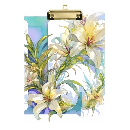 Floralmorphic Klemmbrett mit Buchstaben L, weiße Lilie, Mini-Klemmbrett, Kunststoff, wasserdicht, für Klemmbrett, Lehrer, Größe 9 x 12 von siphylline