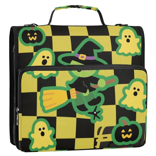 Fluoreszierendes gelbes kariertes Halloween-Ringbuch mit 3 Ringen, 3,8 cm, mit Reißverschluss, einfach zu tragen, tragbar, für Zuhause, Reisen, sichere Aufbewahrungstasche für Büro, Schule von siphylline