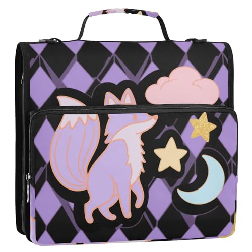 Funny Fox Ringbuch mit 3 Ringen, Reißverschluss, mit Riemen, mehrere Taschen, Reißverschluss, Portfolio für Schule und Büro, Violett von siphylline