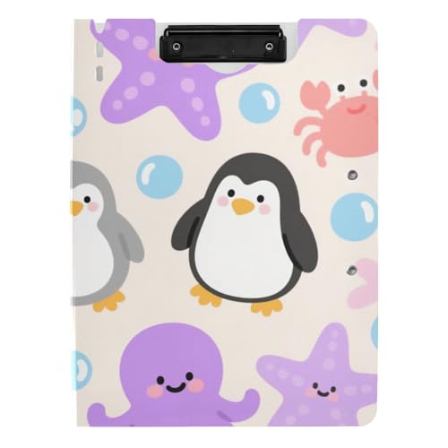 Gefaltetes Klemmbrett mit niedlichem Cartoon-Motiv, violett, Seestern, Pinguin, A4, Klemmbrett mit Padfolio, zwei Metall-Clips, Stifthalter, Schulklemmbrett mit Abdeckung von siphylline