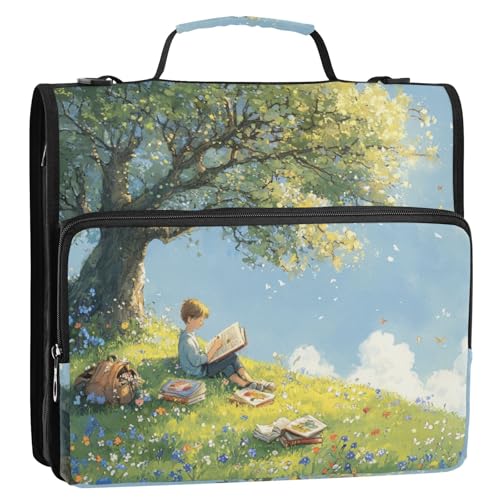Grass Tree Boy Lese-Organizer mit 3 Ringen, 3,8 cm, Büroordner mit Schultergurt und Griff, inklusive Reißverschlusstasche, Dokumentenmappe für Schule/Büro von siphylline