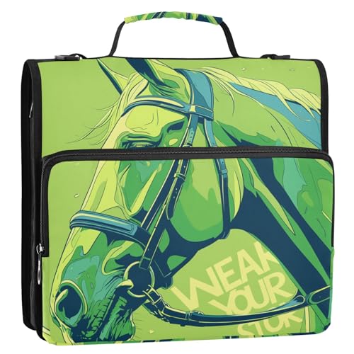 Green Horse Cartoon-Organizer mit 3 Ringen, 3,8 cm, Reißverschluss, Organizer mit Schultergurt, einfach zu transportieren, für Dokumente, Dateien, Aufbewahrungstasche für Büro, Schule von siphylline