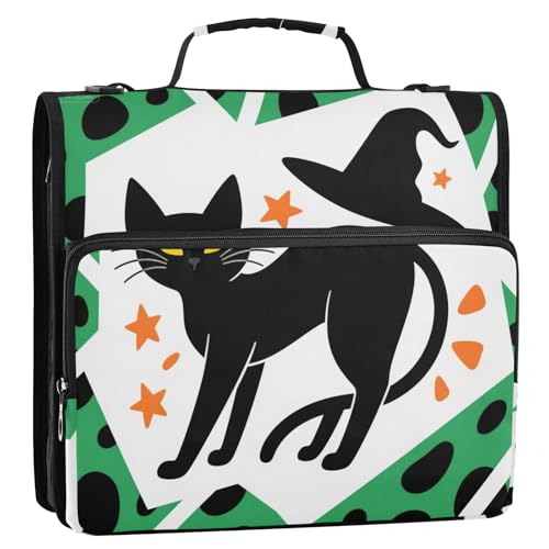 Grüne Hexe mit Kätzchen, 3,8 cm, 3 Ringe, Reißverschluss, Bindertasche mit Griff und abnehmbarem Schultergurt, mehrere Taschen, Dokumenten-Aufbewahrungstasche, geeignet für Mittelschule von siphylline