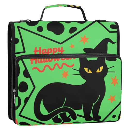 Grüne Hexe mit schwarzer Katze, Halloween, 3,8 cm, 3 Ringe, Reißverschluss, mit Griff und abnehmbarem Schultergurt, inklusive Reißverschlusstasche, Dokumentenmappe für die Schule von siphylline