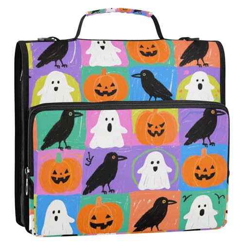 Halloween Cartoon Krähen Kürbis bunt kariert 3,8 cm 3 Ringe Reißverschluss Ordner mit Gurt Multi-Pocket Dokumentenmappe Organizer geeignet für Mittelschule von siphylline