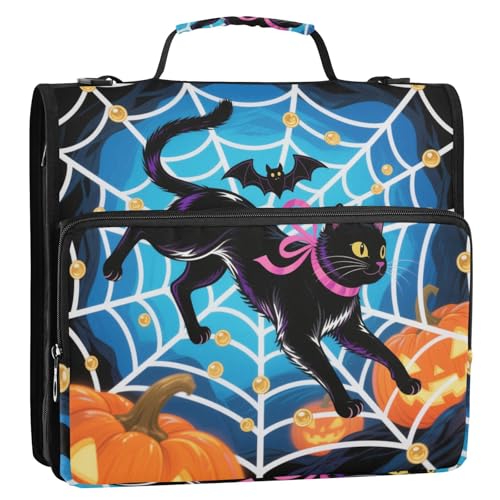Halloween Schwarze Katzen Spinnennetz 3 Ringe Büro Ordner Organizer mit Griff und abnehmbarem Schultergurt Wasserdicht Schulbedarf Organizer für Schule von siphylline