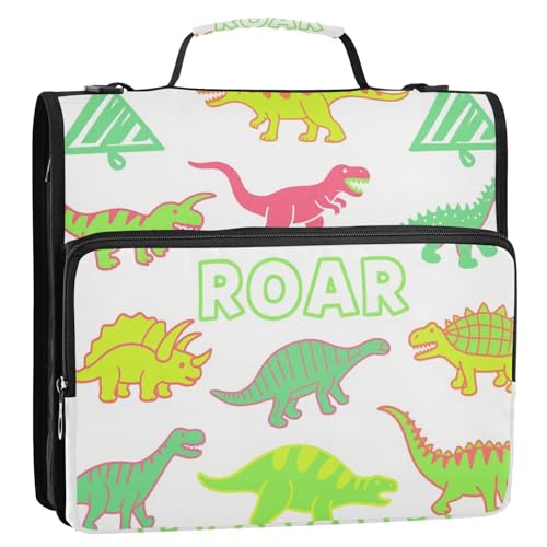 Handdraw Line T-rex Ankylosaurus Büroordner mit 3 Ringen, Organizer mit Griff und abnehmbarem Schultergurt, mehrere Taschen, Dokumentenmappe, Aufbewahrungstasche für Mittelschüler, Grün, 3,8 cm von siphylline