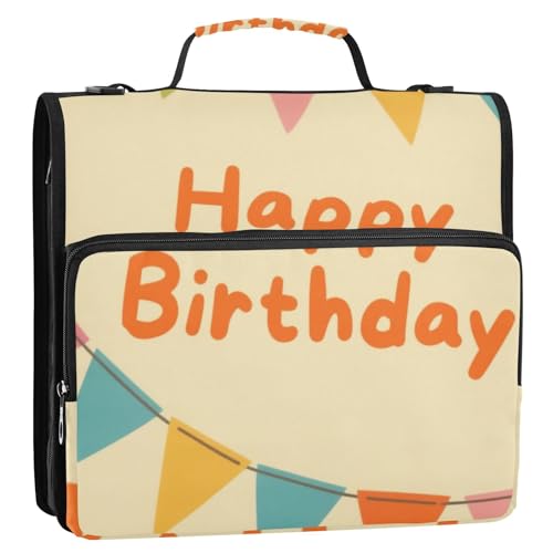 Happy Birthday Ordner mit 3 Ringen, 3,8 cm, Reißverschluss, mit Griff, mehrere Taschen, Schulordner, Organizer für die Schule, Beige von siphylline