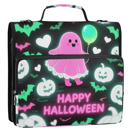 Happy Halloween Cute Girl Pink 3-Ring-Ordner mit extra Taschen mit Schultergurt, inklusive Reißverschlusstasche, Dokumenten-Organizer-Tasche für Mittelschüler von siphylline