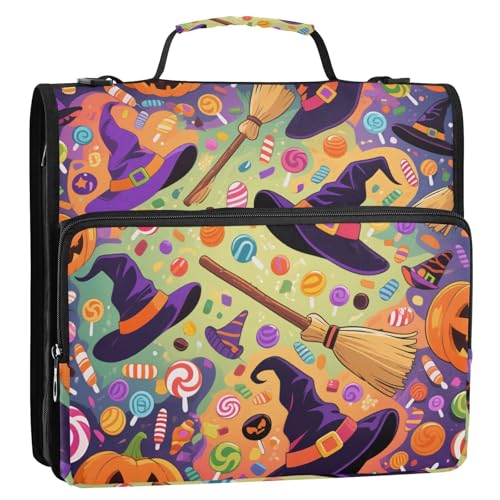 Happy Halloween Hexenhut Kürbis 3 Ringe Schule Reißverschluss Ordner mit Griff und abnehmbarem Schultergurt leicht zu tragen Dokumentenbinder Organizer für Mittelschüler von siphylline
