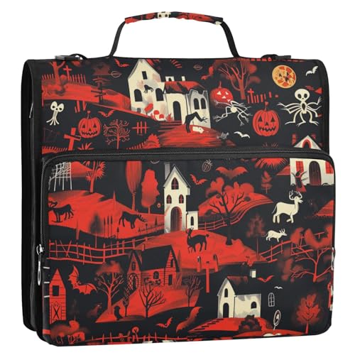 Horror Farm Halloween 3 Ringe 3,8 cm Ordner mit Reißverschluss mit Griff Laege Kapazität Schulordner Organizer für Mittelschule Rot Schwarz von siphylline
