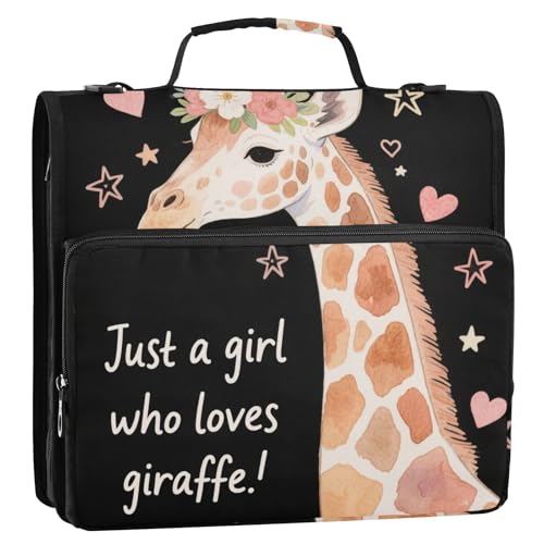 Just A Girl Who Loves Giraffe 3,8 cm 3-Ring-Schulordner mit Reißverschluss und Schultergurt und Griff, leicht zu transportieren, Dokumentenordner für Schule und Büro von siphylline