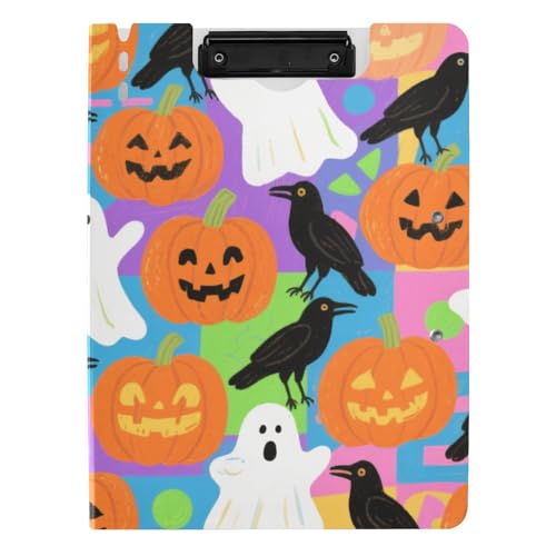 Klemmbrett, faltbar, Halloween, Cartoon, Krähen, Kürbis, bunt, kariert, A4, Klemmbrett, Folio-Doppel-Clips, Stifthalter, Schule, Klemmbrett mit Abdeckung von siphylline