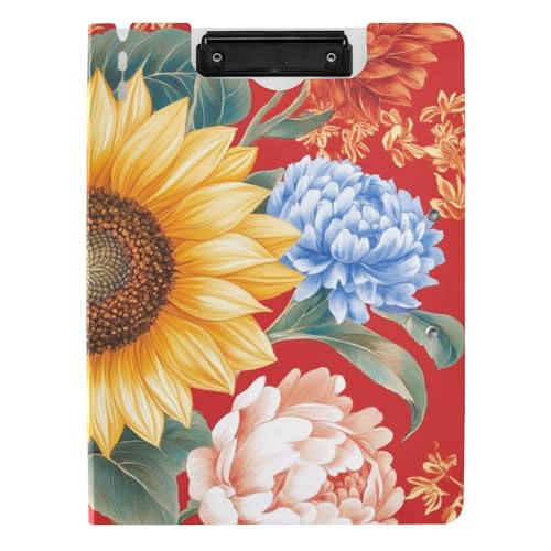 Klemmbrett mit Mappe, Frühlingsblumen, Sonnenblume, A4, Klemmbrett, Clipfolio, doppelte Metallklammern, Stifthalter, Still-Clipboard mit Abdeckung von siphylline