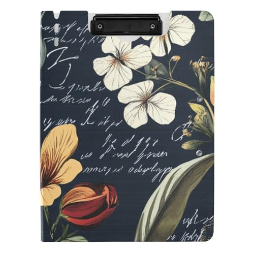 Klemmbrett mit Mappe, Retro-Blumen, schwarzer Hintergrund, A4, Clipfolio, doppelte Metallklammern, Stifthalter, Büro-Klemmbrett mit Abdeckung Klemmbrett mit Mappe, Retro-Blumen, schwarzer Hintergrund, A4, Clipfolio, doppelte Metallklammern, Stifthalter, Büro-Klemmbrett mit Abdeckung von siphylline