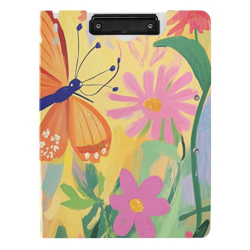 Klemmbrett mit Mappe, Schmetterling, bunte Blumen, A4-Klemmbrett mit Padfolio, zwei Metall-Clips, Stifthalter, Schulklemmbrett mit Abdeckung von siphylline