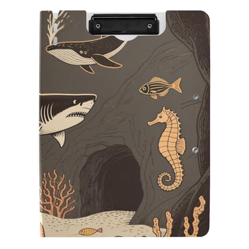 Klemmbrett unter Marine, Schwarz / Orange, Tierhai, Quallen, A4, Klemmbrett, Ordner, horizontale und vertikale Doppelklammern, Schulklemmbrett mit Abdeckung von siphylline