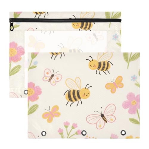 Kosmetiktasche, 3 Löcher, 3 Löcher, Tasche für 3 Ringe, Ordner, 2 Stück, Studenten, Schulbedarf, Buntstift, Zeichnen, Blume, Bienen, Schmetterling, Rosa, Creme Kosmetiktasche, 3 Löcher, 3 Löcher, Tasche für 3 Ringe, Ordner, 2 Stück, Studenten, Schulbedarf, Buntstift, Zeichnen, Blume, Bienen, Schmetterling, Rosa, Creme von siphylline
