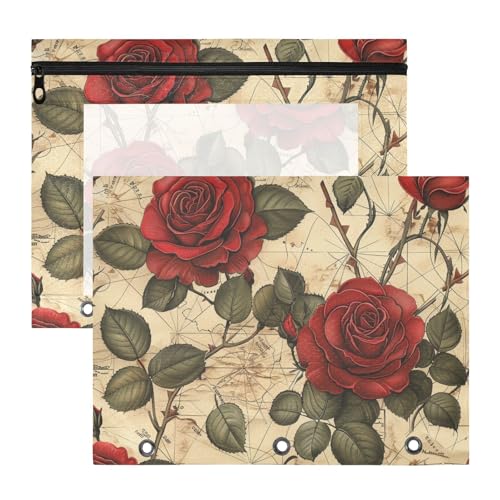 Kosmetiktasche, stabiler 3-Locher, für A4-Papier, Briefe, 2 Stück, Studenten, Schulbedarf, Retro, rote Rose Kosmetiktasche, stabiler 3-Locher, für A4-Papier, Briefe, 2 Stück, Studenten, Schulbedarf, Retro, rote Rose von siphylline
