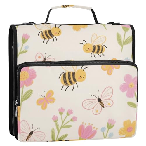 Kreide Zeichnung Blume Bienen Schmetterling Rosa Creme 3 Ringe Ordner Reißverschluss mit Griff Laege Kapazität Tragbar Zuhause Reise Sichere Aufbewahrungstasche Geeignet für Mittelschule von siphylline