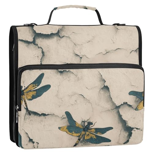 Libelle im Vintage-Stil, zerrissenes Papier, 3,8 cm, 3 Ringe, Schul-Reißverschluss, Ordner mit Riemen, mehrere Taschen, Dokumentenmappe, Organizer für Mittelschüler von siphylline