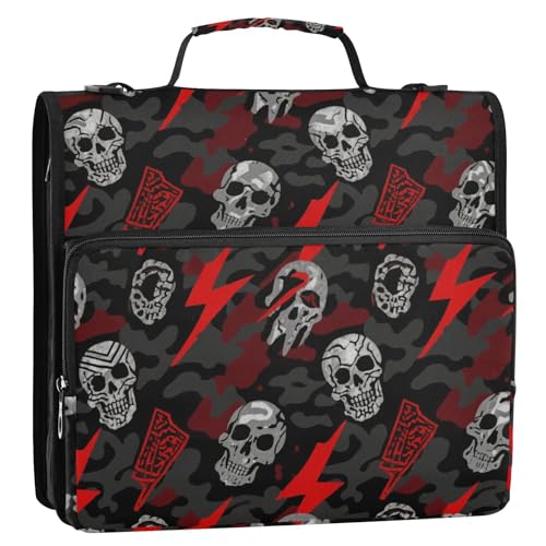 Lightning Skull 3 Ringe Ordner mit Reißverschluss und Schultergurt, mehrere Taschen, Dokumente, Akten, Aufbewahrungstasche, für Mittelschule, Rot / Schwarz von siphylline