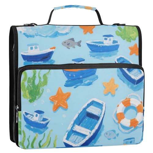 Lovely Blue Ship Ordner mit 3 Ringen, Reißverschluss, mit Schultergurt, mehrere Taschen, Aufbewahrungstasche für Schule, Büro, 3,8 cm von siphylline