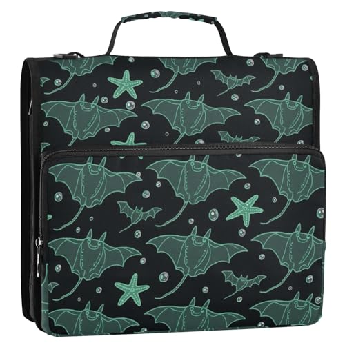Manta-Rochenfisch für Kinder, 3 Ringe, Reißverschluss, mit Griff und abnehmbarem Schultergurt, mehrere Taschen, Schulbinder, Organizer für Mittelschüler, 3,8 cm, Schwarz / Grün von siphylline