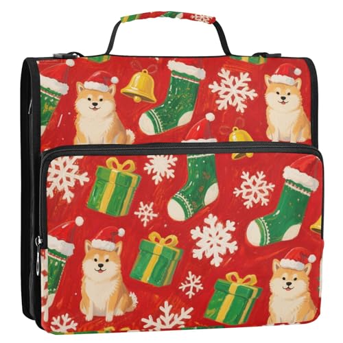 Merry Christmas Brown Shiba Inu 3 Ringe Reißverschluss Ordner mit Schultergurt Wasserdicht Tragbares Portfolio Geeignet für Mittelschule von siphylline