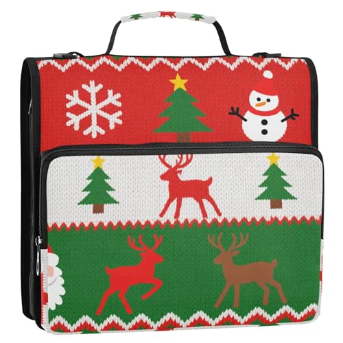 Merry Christmas Green Tree Schneemann Elch 3,8 cm 3-Ringe Reißverschluss Bindertasche mit Schultergurt und Griff, wasserdicht, Dokumentenmappe für Büro, Schule von siphylline