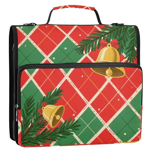 Merry Christmas Ringbuch mit 3 Ringen, 3,8 cm, Rot und Grün, kariert, mit Reißverschluss, für Schule/Büro von siphylline
