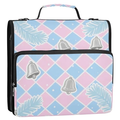 Merry Christmas Ringbuch mit 3 Ringen, 3 Ringe, 3 cm, Blau und Rosa, 3,8 cm, mit Reißverschluss und Schultergurt, mehrere Taschen, Dokumenten-Organizer, Tasche, geeignet für Mittelschule von siphylline
