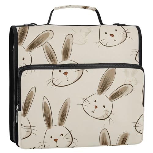Minimalistisches Kaninchen-Ordner, niedliches Cartoon-Design, 3-Ringe, mit Reißverschluss, mit Griff und abnehmbarem Schultergurt, mehrere Taschen, tragbares Portfolio für Büro, Schule von siphylline