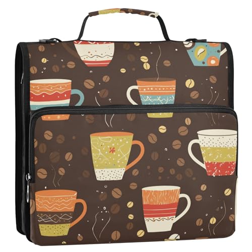 Nahtlose Cartoon-Kaffeetasse, 3,8 cm, 3 Ringe, stabiler Reißverschluss, Ordner mit Gurt, leicht zu transportieren, Dokumente, Dateien, Aufbewahrungstasche, geeignet für Mittelschule von siphylline