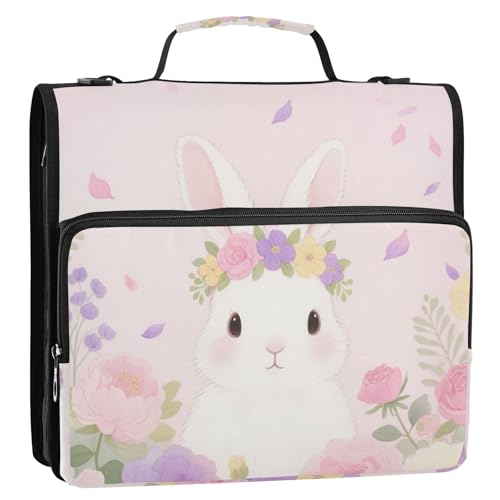 Niedliche Kaninchen, Pfirsichblumen, 3,8 cm, 3 Ringe, stabiler Reißverschluss, Ordner mit Schultergurt, mehrere Taschen, Schulordner, Organizer für Mittelschüler von siphylline
