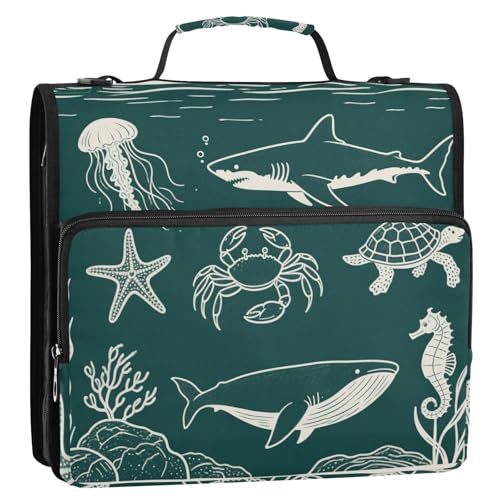 Ocean Animal Dokumentenmappe, 3 Ringe, Reißverschluss, mit Schultergurt, Dokumentenordner, Organizer, geeignet für Mittelschule, Weiß / Dunkelgrün von siphylline