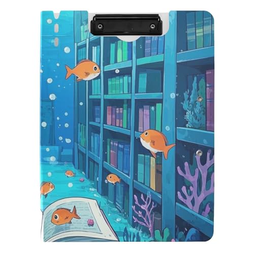 Ordner-Klemmbrett mit Aufbewahrung, lustiges Ozean-Bibliotheksbuch, Fisch, blau, A4-Klemmbrett, Folio, doppelte Metall-Clips, Stifthalter, Still-Clipboard mit Abdeckung von siphylline