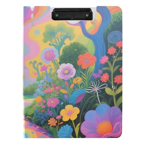 Ordner-Klemmbrett mit Aufbewahrung, verträumte Blumen, bunte Kunst, A4-Klemmbrett mit Padfolio, zwei Metall-Clips, Stifthalter, Schulklemmbrett mit Abdeckung von siphylline