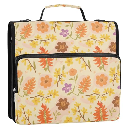 Ordner-Organizer mit 3 Ringen, Reißverschluss, mit Griff und abnehmbarem Schultergurt, mehrere Fächer, Dokumenten-Organizer für Mittelschule, Sommergelb mit heißen Blumen, 3,8 cm von siphylline