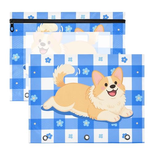 Ordner mit Reißverschluss, 3-Loch-Tasche für 3 Ringe, 2 Stück, Schüler, Schulanfang, Cartoon-Hund, blau-weißes Raster Ordner mit Reißverschluss, 3-Loch-Tasche für 3 Ringe, 2 Stück, Schüler, Schulanfang, Cartoon-Hund, blau-weißes Raster von siphylline